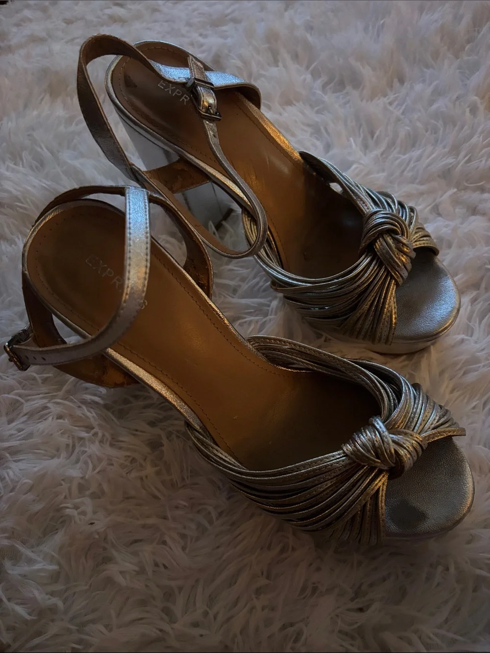 Express Metallic Gold Knot Front Ankle-Strap Heels